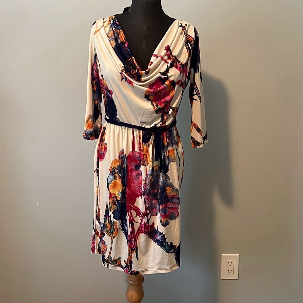 Gilli Women's Multicolor Floral 3/4 Sleeve Knee Length Cowl Neck Dress Large NWT